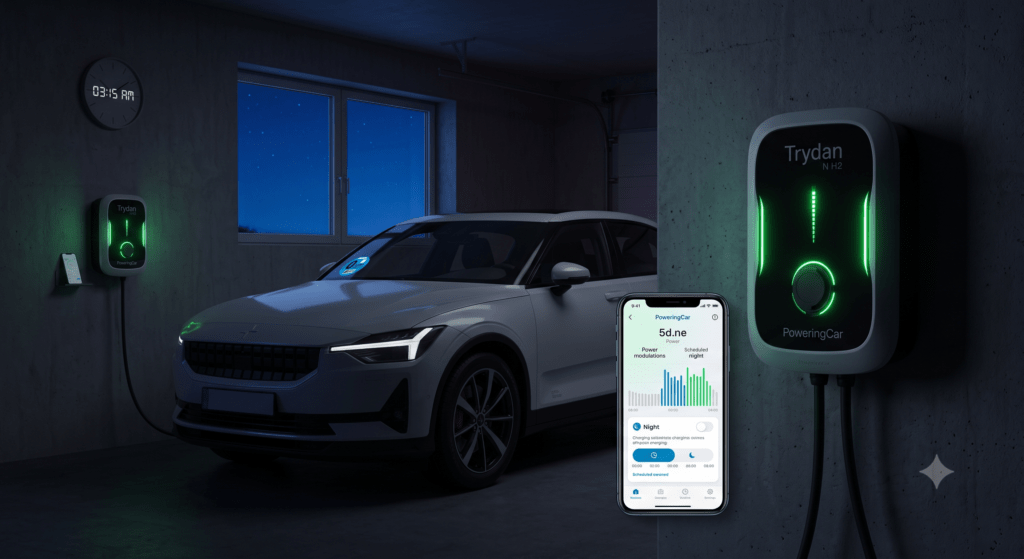 Recarga nocturna de un coche eléctrico en casa